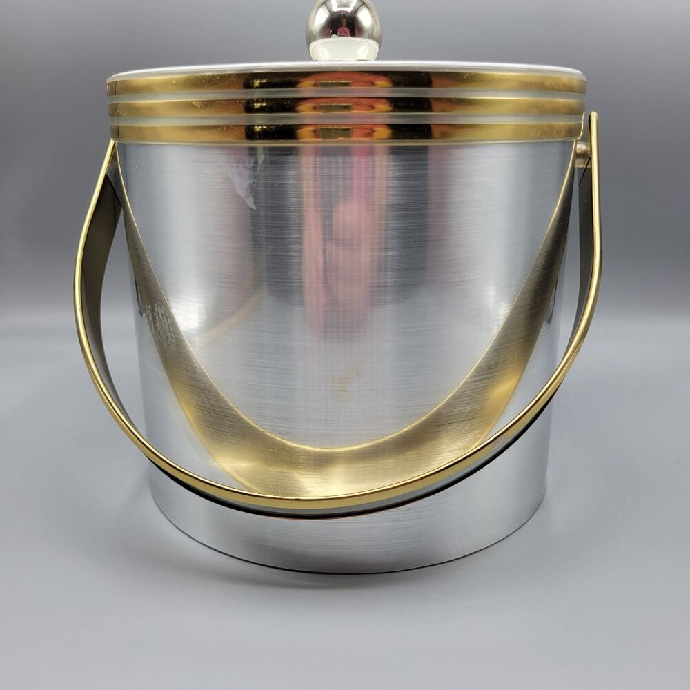 Vintage Mid Century Modern MCM Silver Gold Ice Bucket Clear Lid & Metal Handle